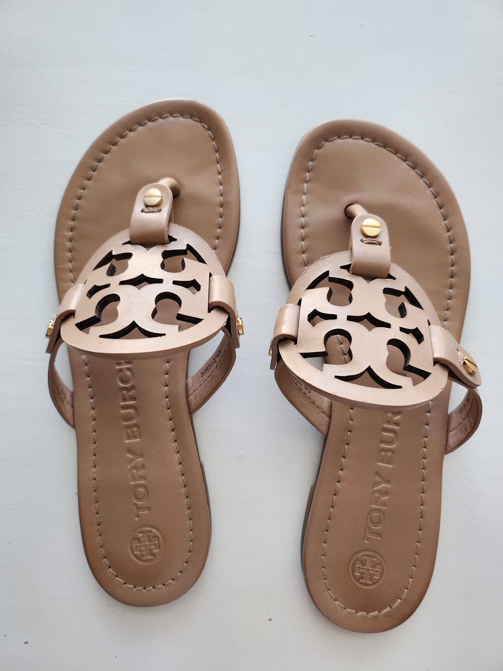 Tory Burch Neutral Leather Logo Cutout Thong Sandals